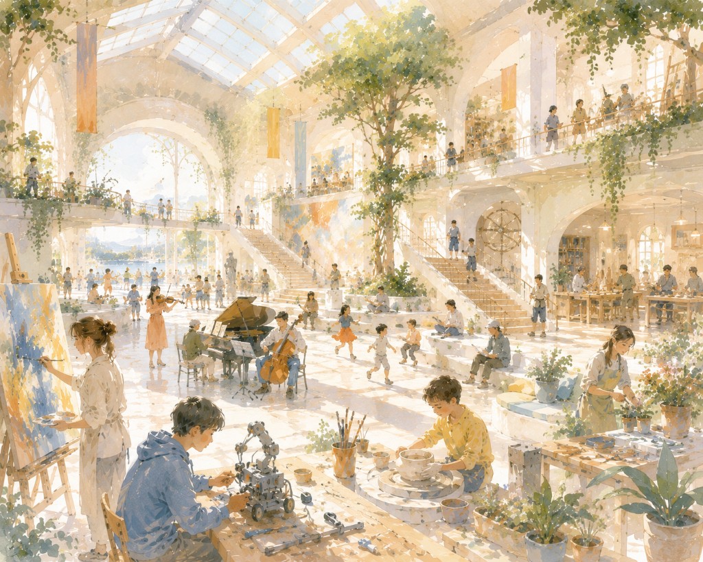Watercolor illustration of people creating art, music, and crafts in a sunlit atrium