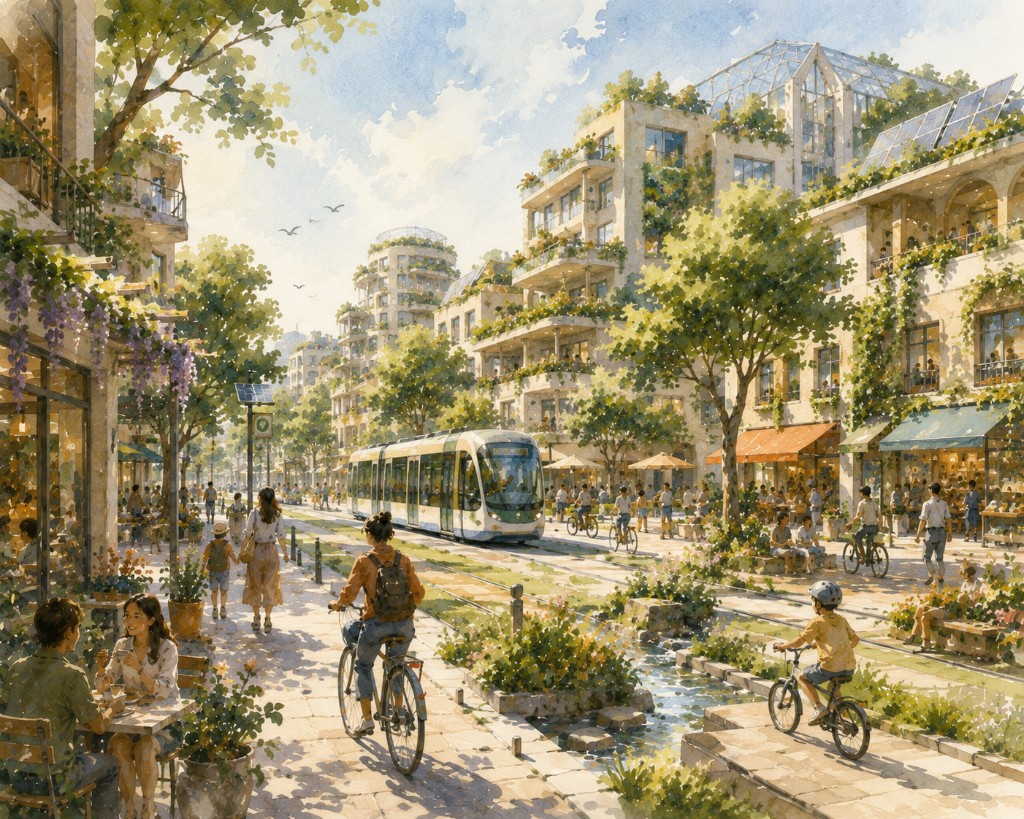 Watercolor illustration of a green city street with trams, cyclists, and rooftop gardens