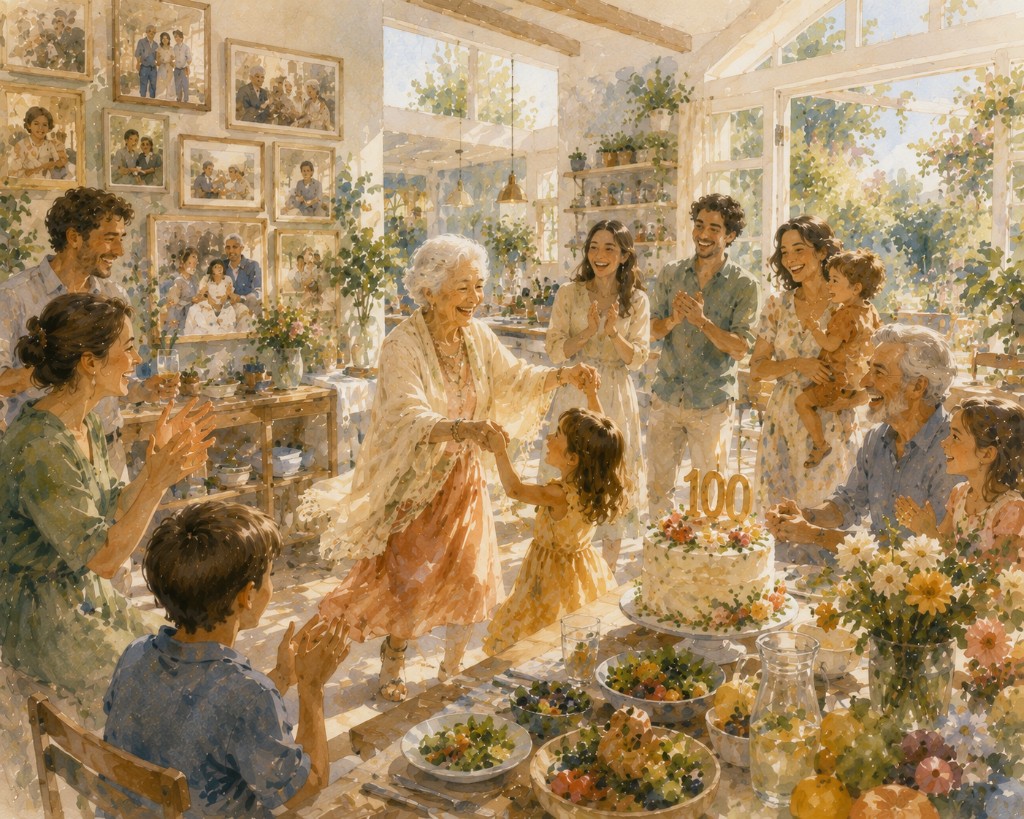 Watercolor illustration of a multi-generational family celebrating health and longevity together
