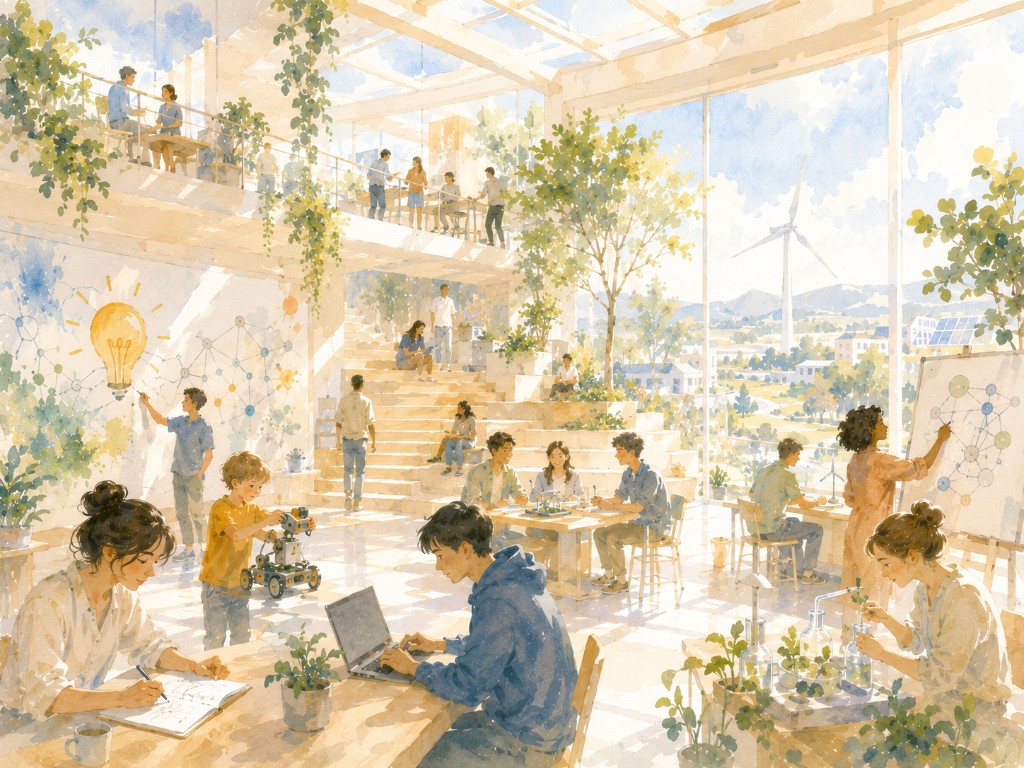 Watercolor illustration of a collaborative innovation hub with robotics, science, green energy, and community